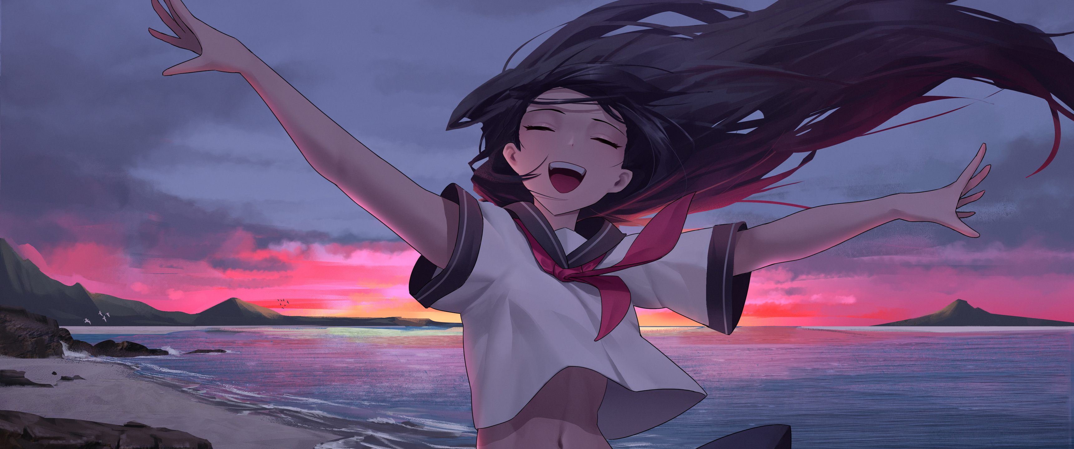 Anime Girl In Joy On Beach UltraWide Quad HD 1440P , HD 4k Wallpaper, Image, Background, Photos and Picture