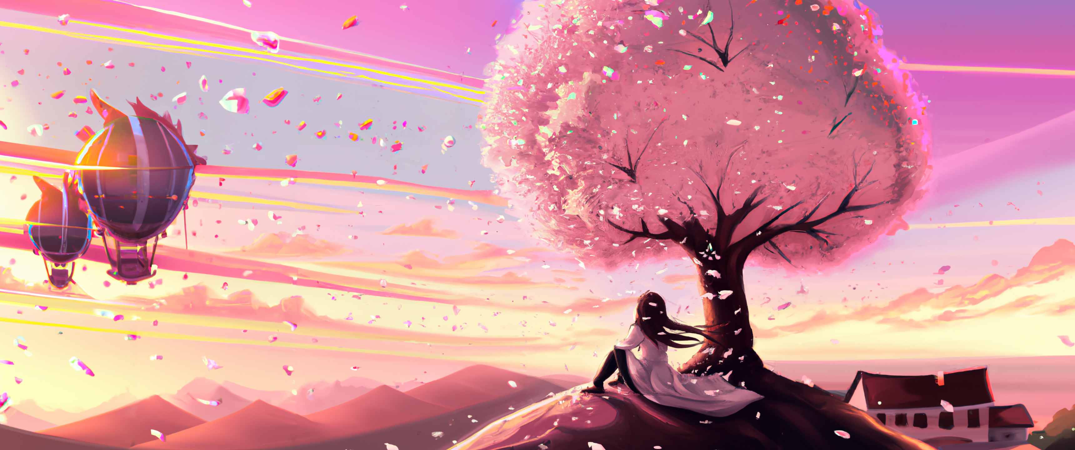 I outpainted a 3440x1440 ultrawide wallpaper of a girl sitting under a blooming sakura tree at the top of a mountain