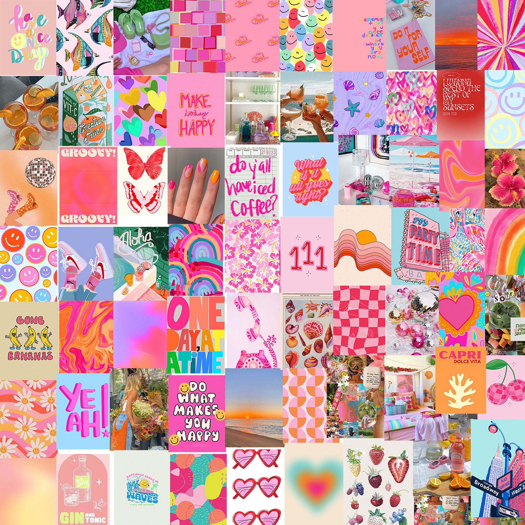 Ready To Print Preppy & Bright, Pink Orange Aesthetic, Bright Wall Collage Kit. Pack Of 70 Photo