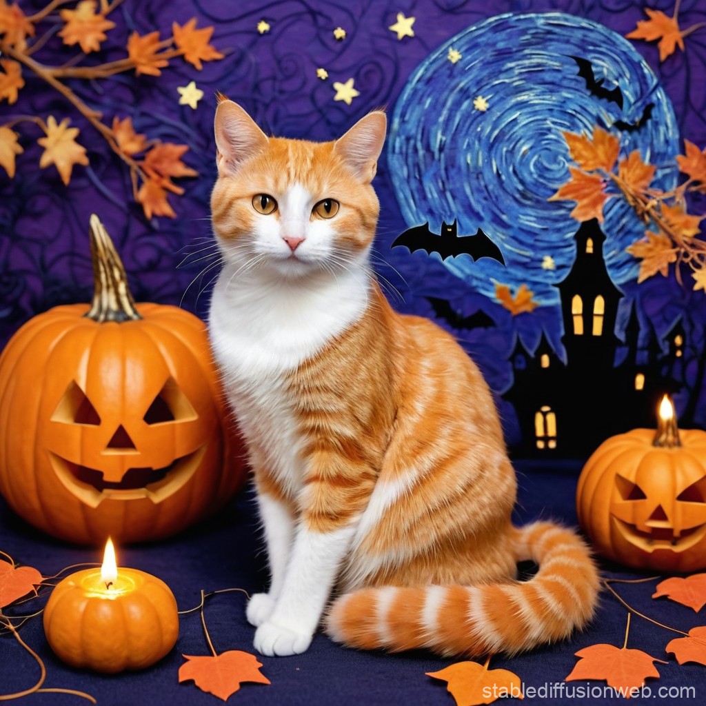 Van Gogh Halloween Card with Orange Cat. Stable Diffusion Online