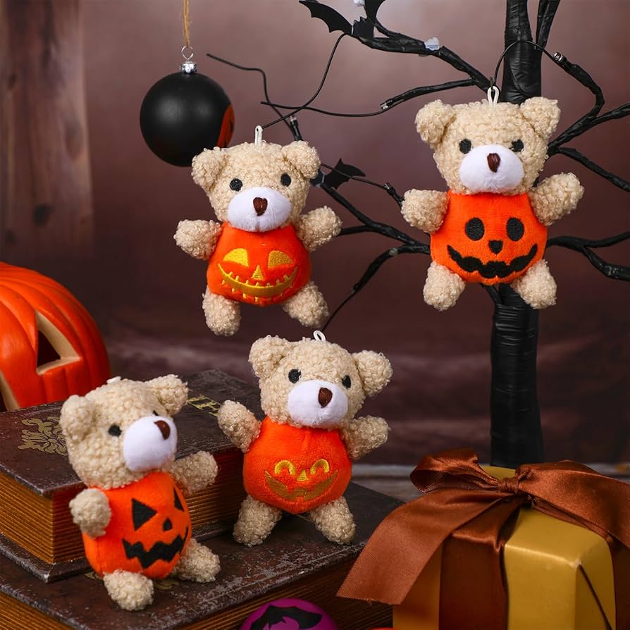 Hiboom 32 Pcs Halloween Plush Stuffed Animal Bear in Pumpkin Costume 4.7 Inch Mini Stuffed Bear with Hanging Rope Soft Bear Doll DIY Keychain Bag Decor for Boys Girls Halloween Birthday