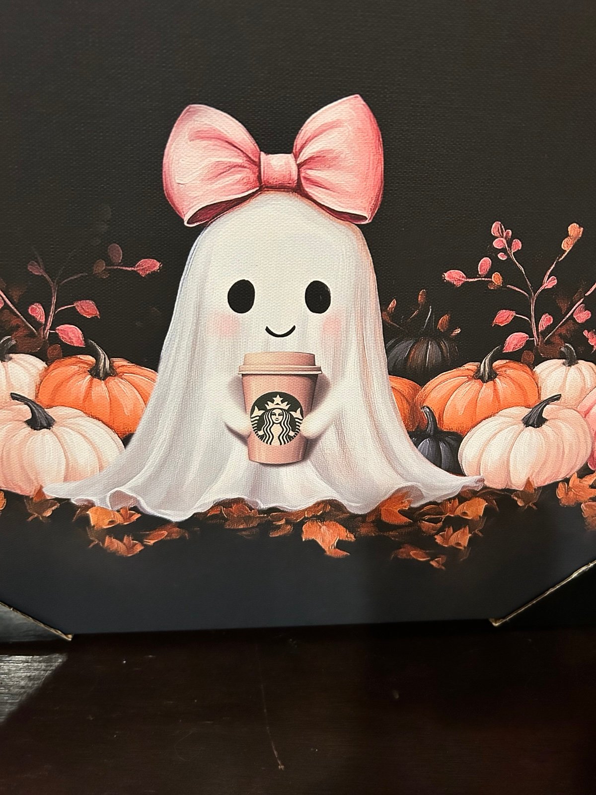 Halloween Ghost Holding a Starbucks coffee with a pink bow Wall Art