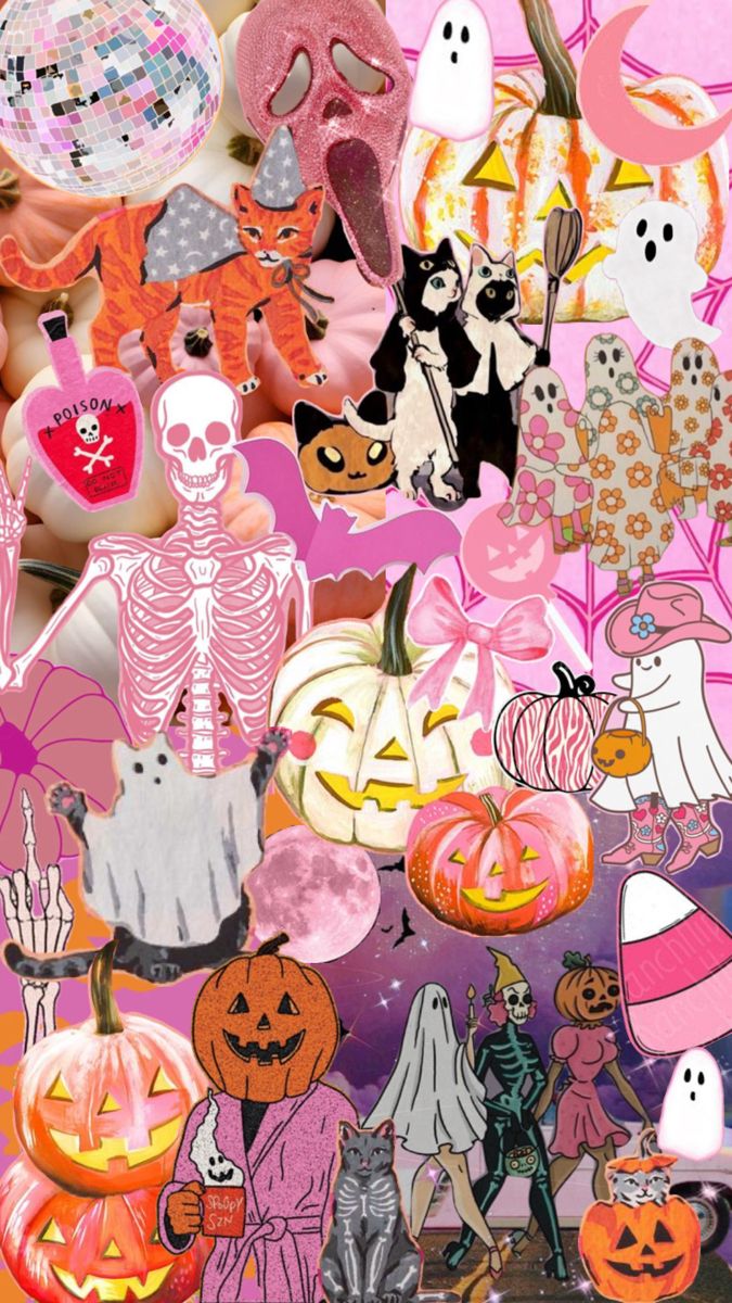 Elevate your phone screen this spooky season with our dreamy pink Halloween iPhone wallpaper! Featuring vintage cat illustrations, pastel pumpkins, pink candy corn, floral dancing ghosts, and delicate bows, these designs are