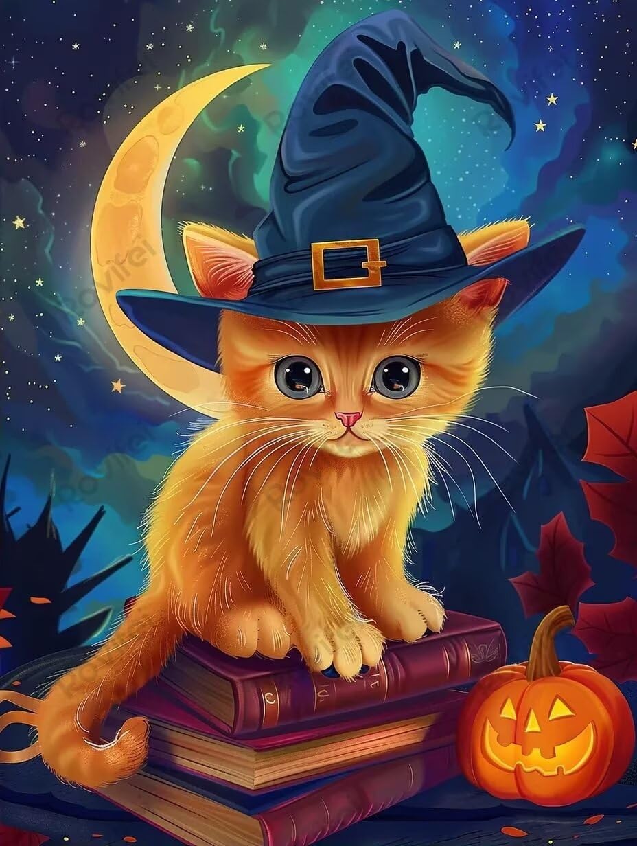 Halloween Diamond Art Kits for Adults, Witch Orange Cat Diamond Painting, Rhinestone Embroidery to Exercise Patience Room Decor Home Decor Bathroom Decor 12x12inch, Arts, Crafts & Sewing