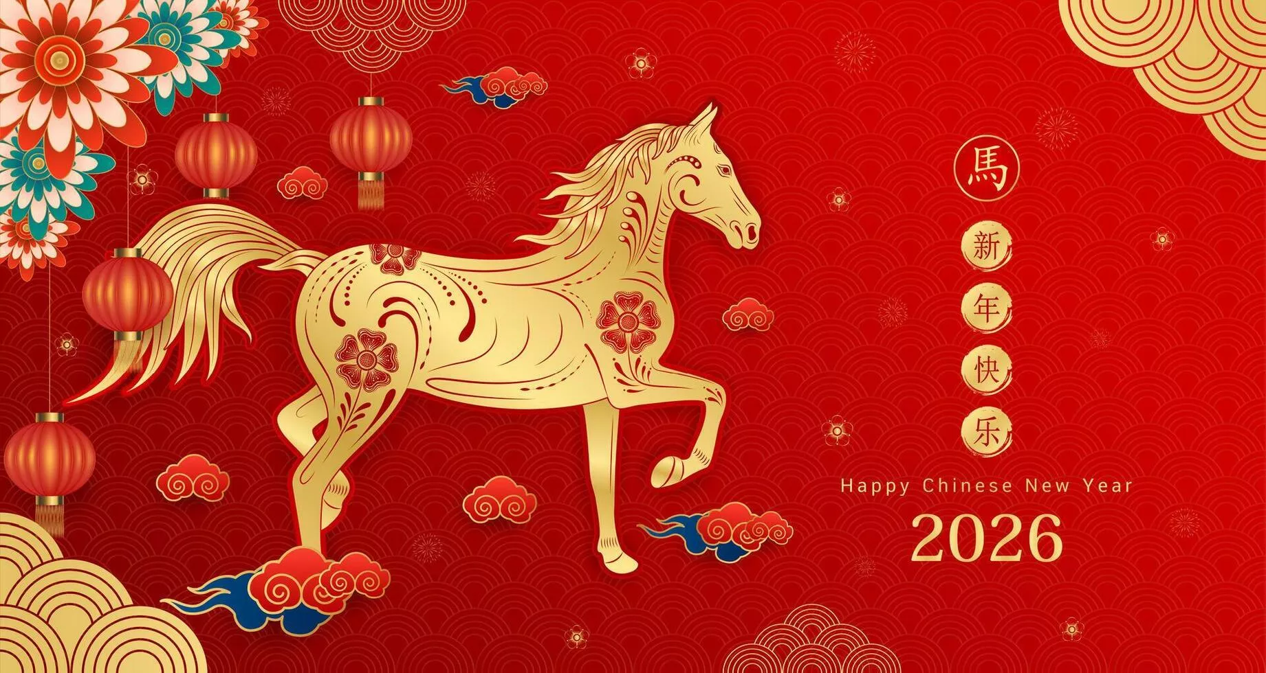 Happy Chinese New Year 2026. Gold horse zodiac and lanterns, cloud on red background. Card design invitation or greeting. Lunar calendar animal. Translation Happy new year, Year of the horse.. 65492104