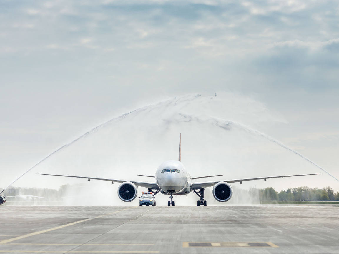 Download Turkish Airlines Boeing 777 300 Water Salute Wallpaper