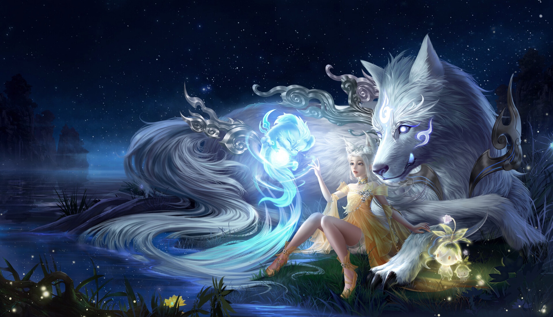 Download Animal Ears White Hair Spirit Magic Wolf Night Water Fantasy Sorceress HD Wallpaper