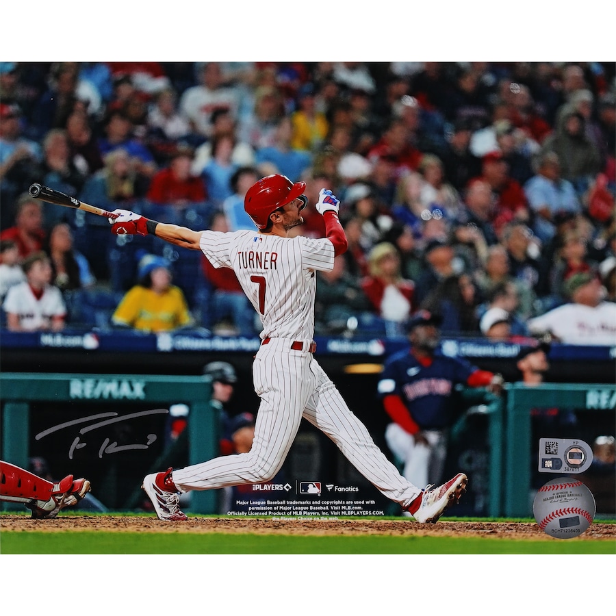 Trea Turner Philadelphia Phillies Autographed Fanatics Authentic 8 x 10 White Jersey Hitting Photograph