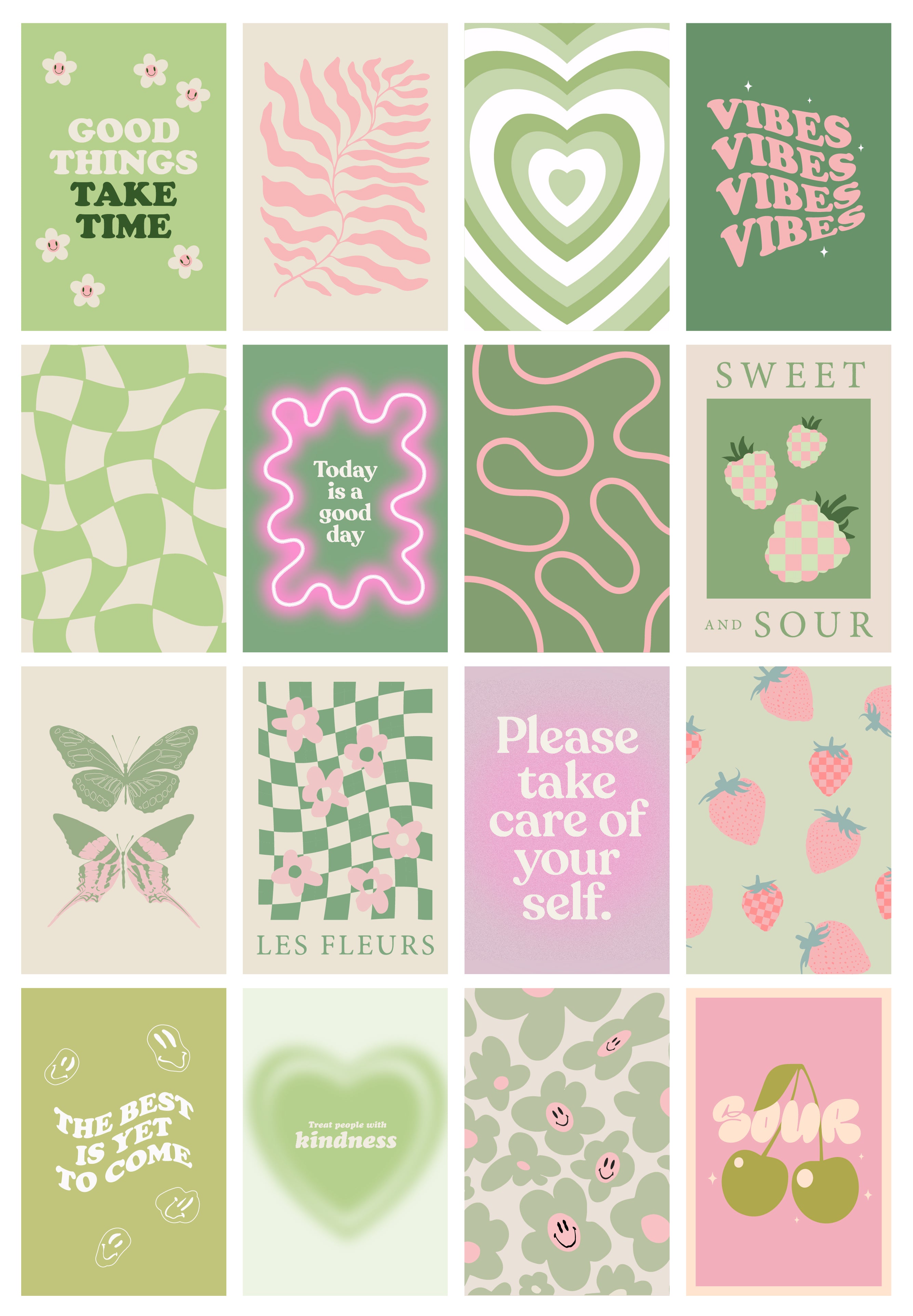 Green Pink Danish Pastel Wall Collage 16pcs Prints