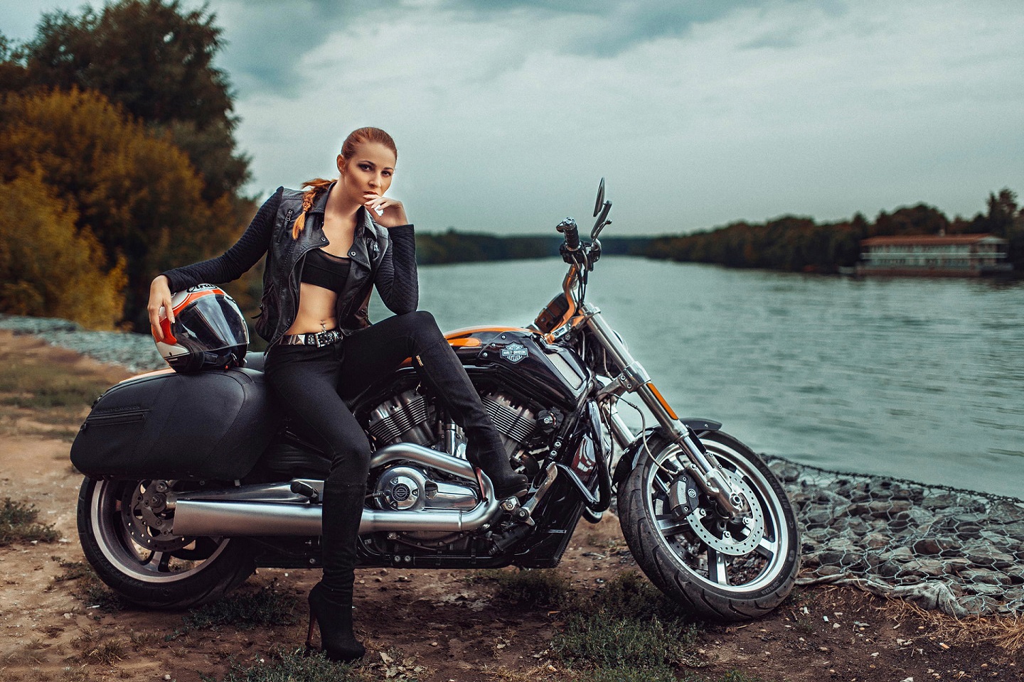 Harley Davidson HD Wallpaper: Bold Woman On A Motorcycle By The Water
