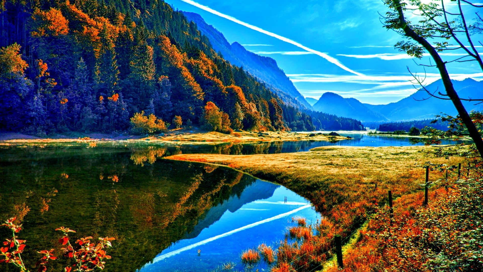 Download River Autumn Mountains Digital Art Wallpaper