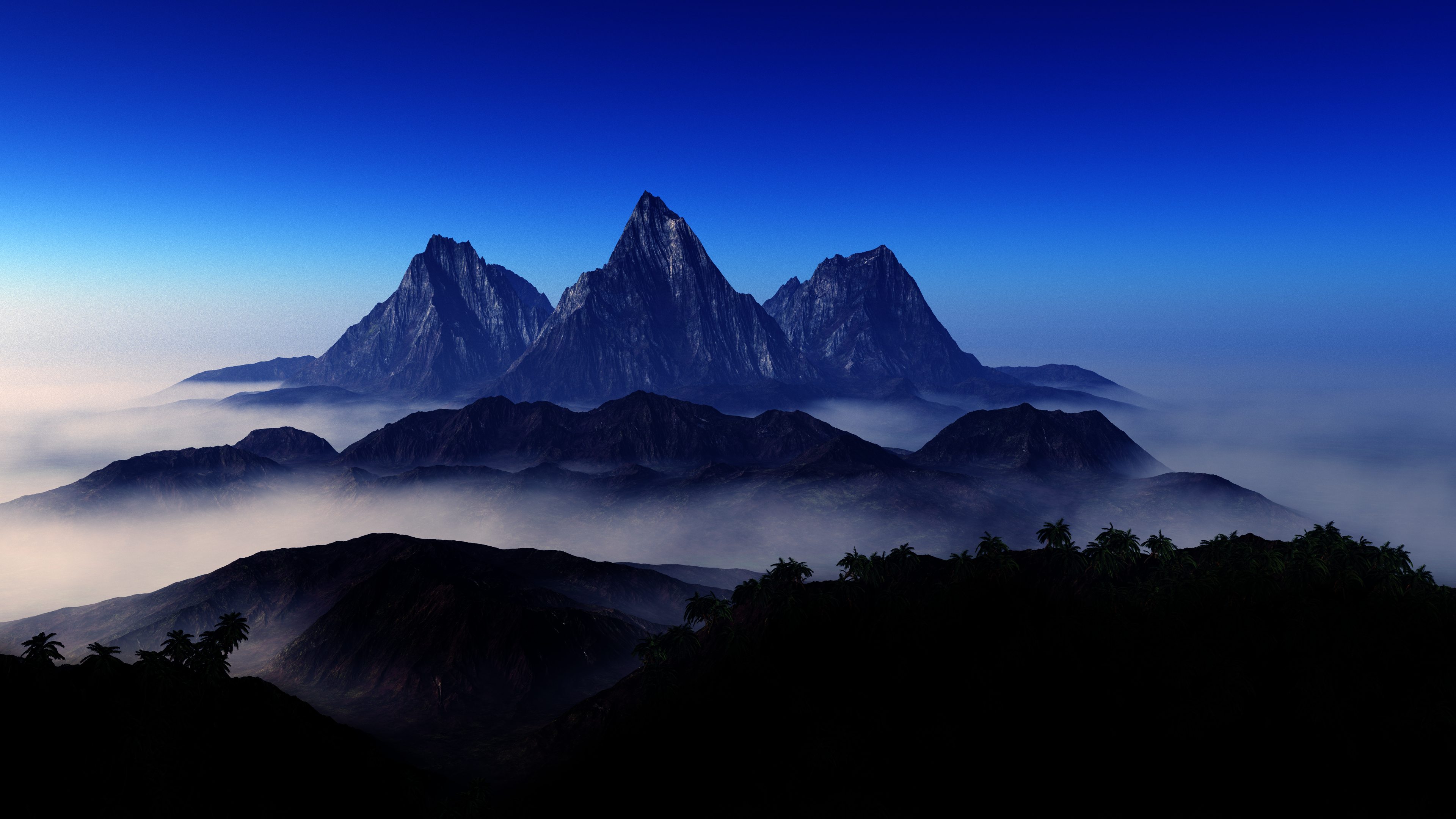 Mountain Peaks Wallpaper 4K, Foggy, Aerial view, Blue Sky