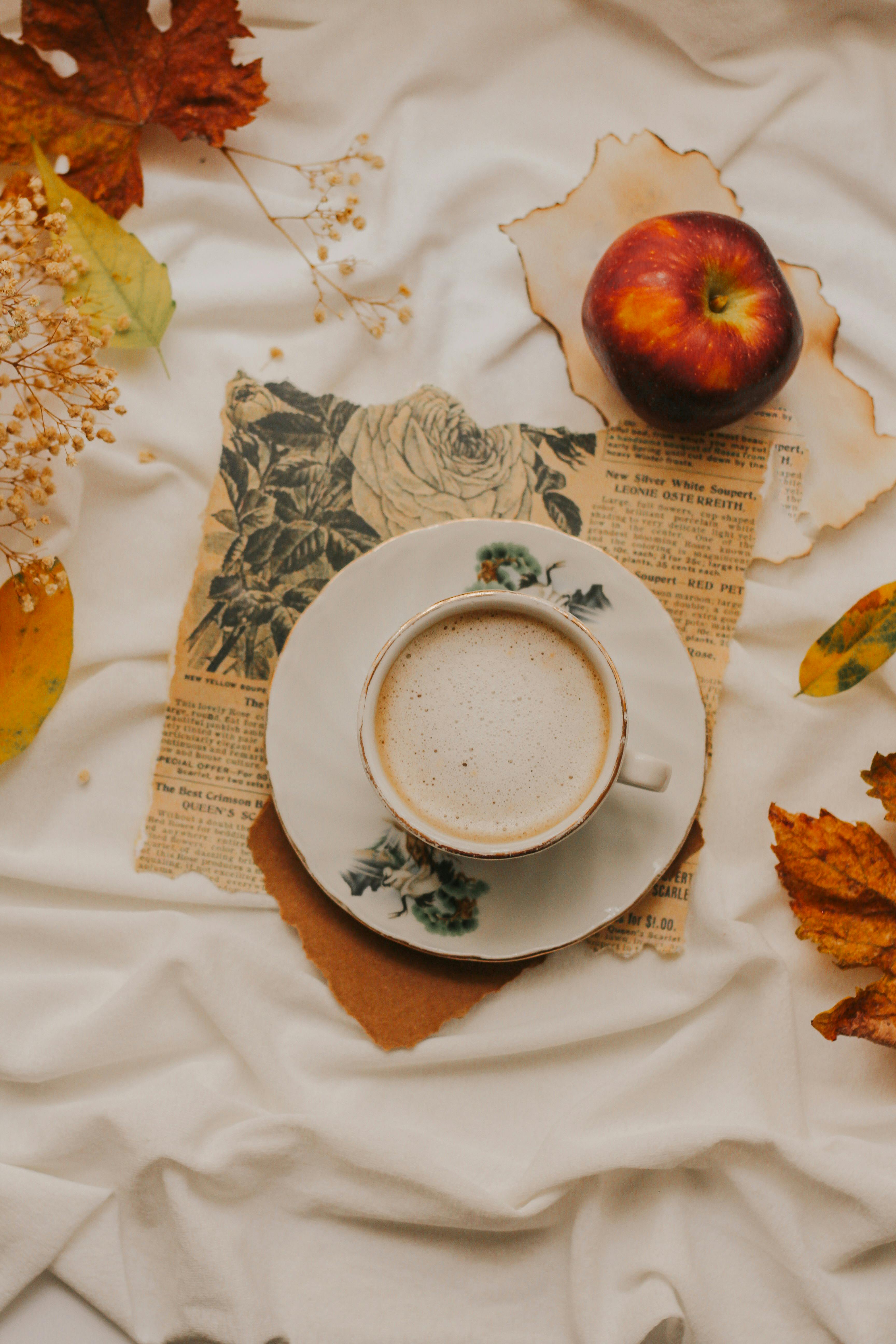 Cozy Autumn Coffee with Apple and Leaves · Free