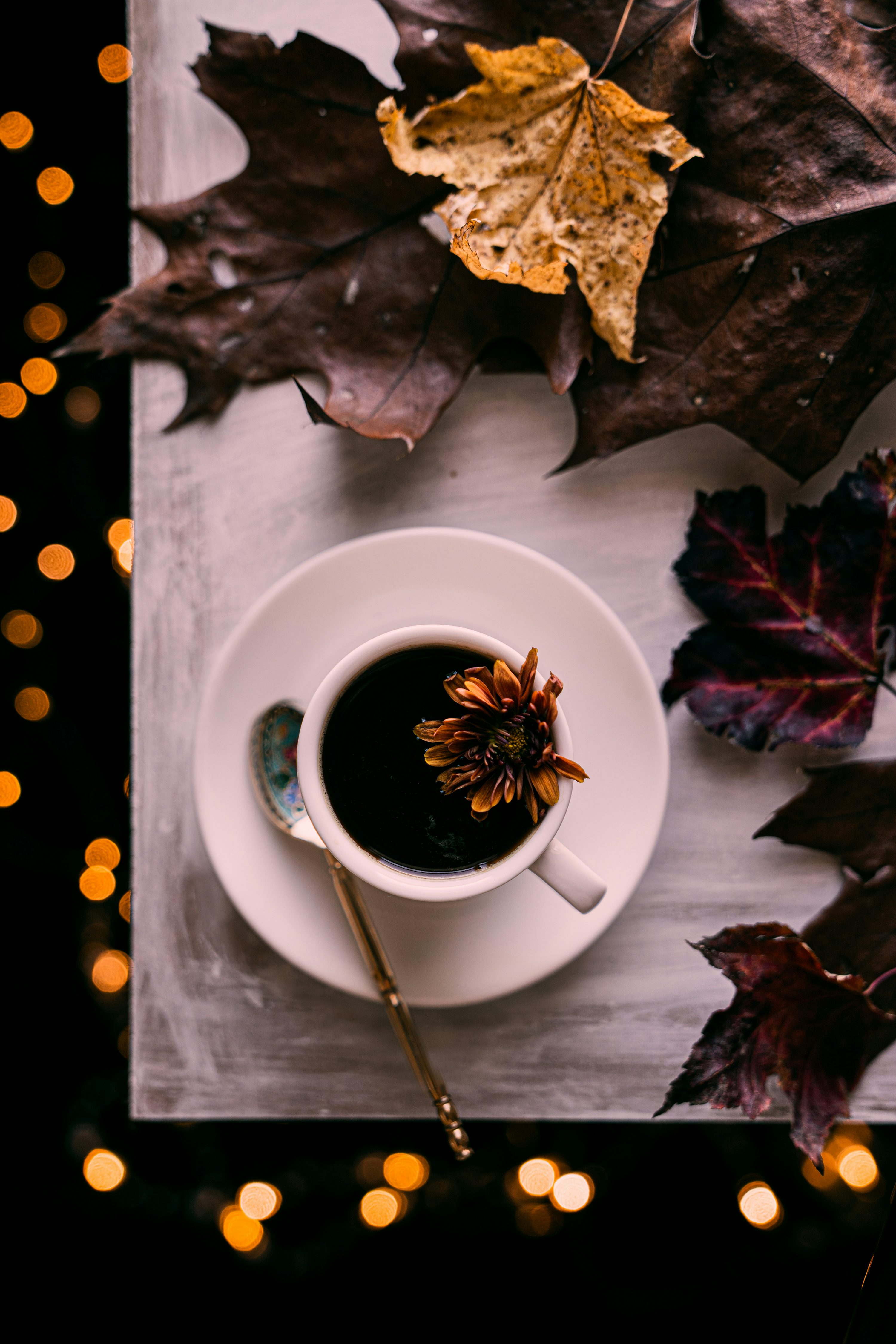 A cup of coffee on a table with autumn leaves photo