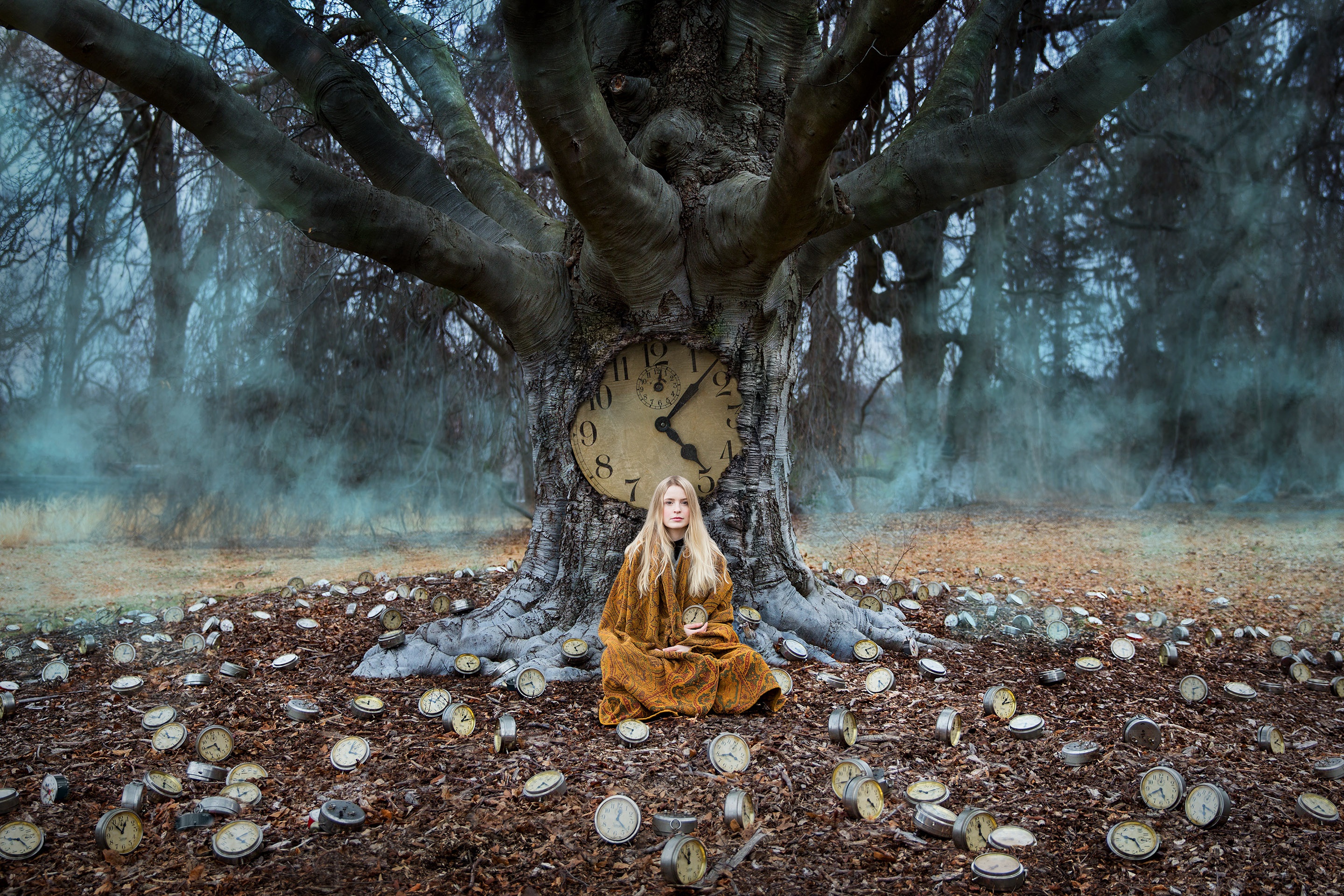 Wallpaper girl, tree, watch, the situation, plaid for mobile and desktop, section ситуации, resolution 2880x1920