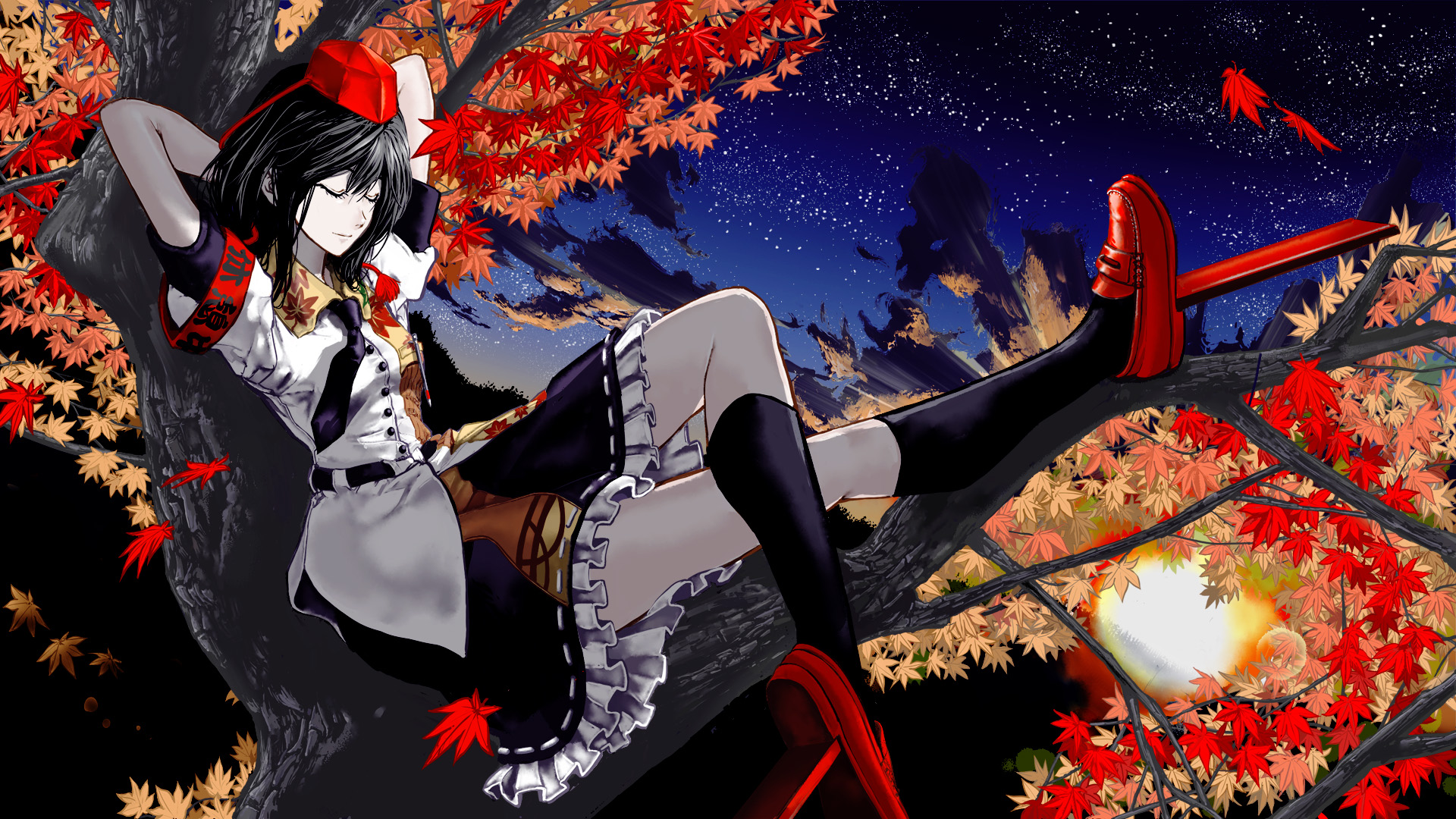 autumn, Black, Hair, Hat, Kneehighs, Leaves, Night, Shameimaru, Aya, Sky, Sleeping, Stars, Tie, Touhou, Tree, Umami Wallpaper HD / Desktop and Mobile Background