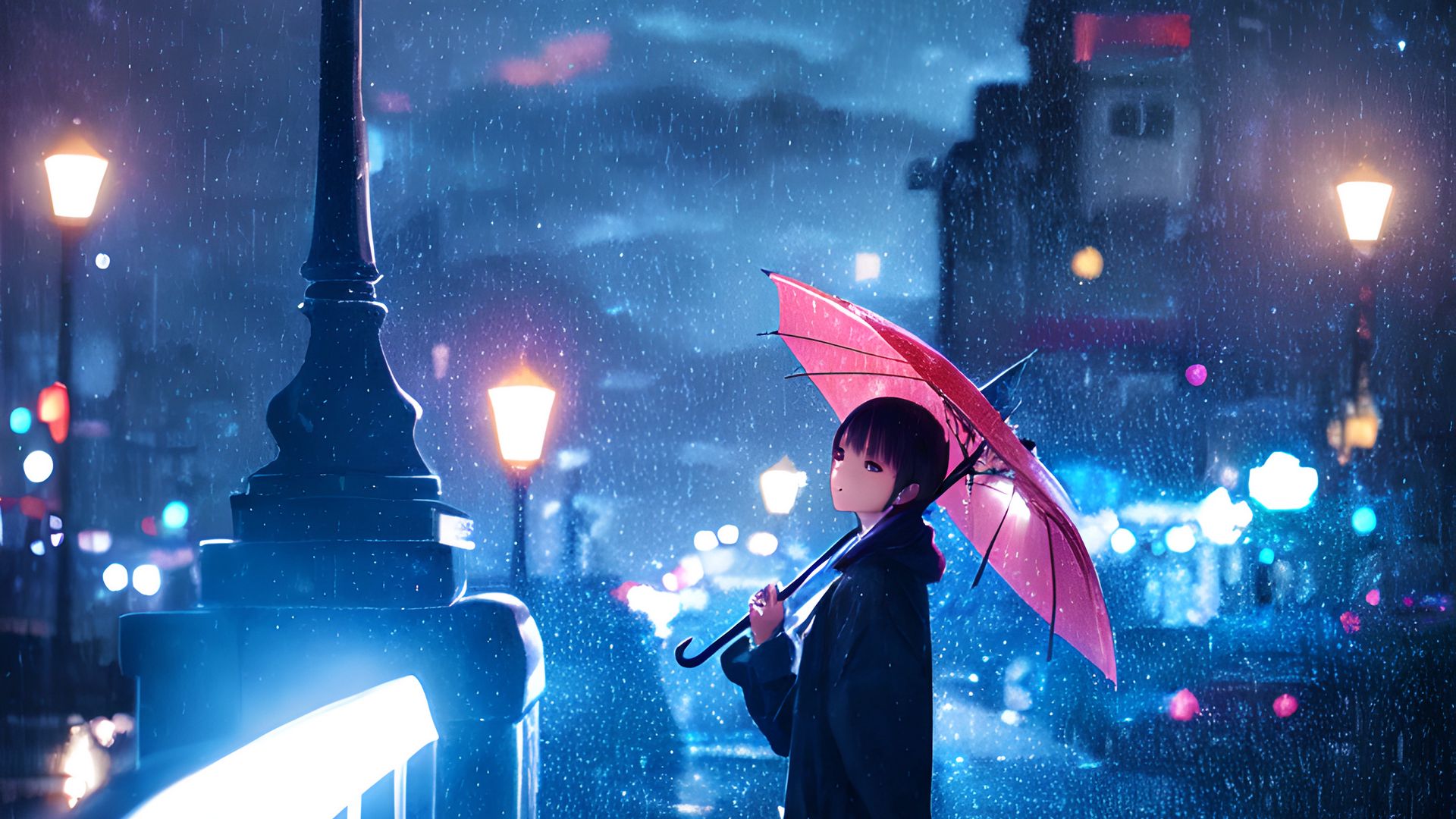 Download wallpaper 1920x1080 man, umbrella, rain, lantern, street, night, autumn, anime full hd, hdtv, fhd, 1080p HD background