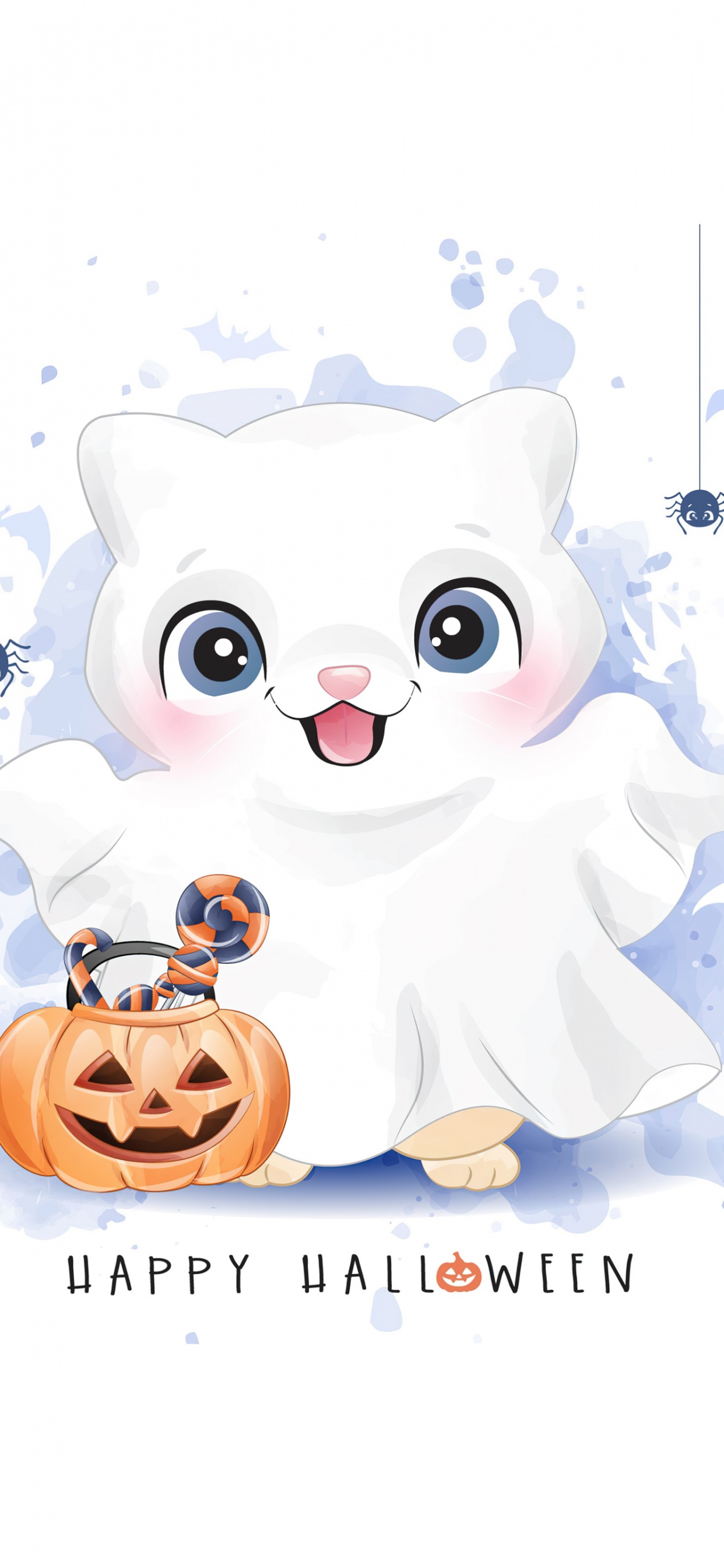 Halloween themed 4K wallpaper with a cute cat, ghost, pumpkin, and spiders