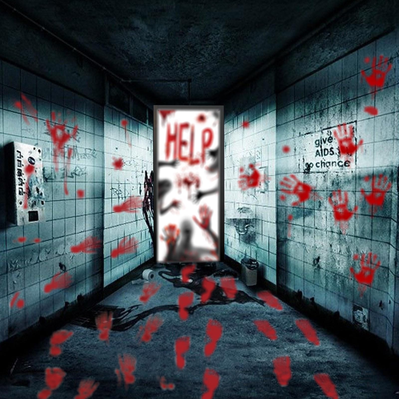 Halloween Door Cover Window Clings with 4 Bloody Handprint Footprint Floor Decals, Props Stickers Scary Zombie Creepy for Haunted House Decorations Halloween Party Favor, Home & Kitchen