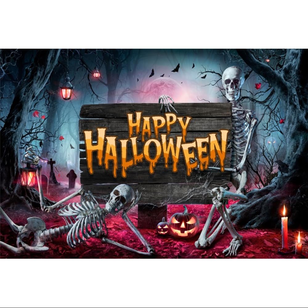 Amazon.com, Renaiss 7x5ft Happy Halloween Backdrop for Photography Scary Skull Halloween Banner Bloody Moon Dark Forest Horror Halloween Background Creepy Trunk or Treat Party Decors Photo Booth Props Wallpaper