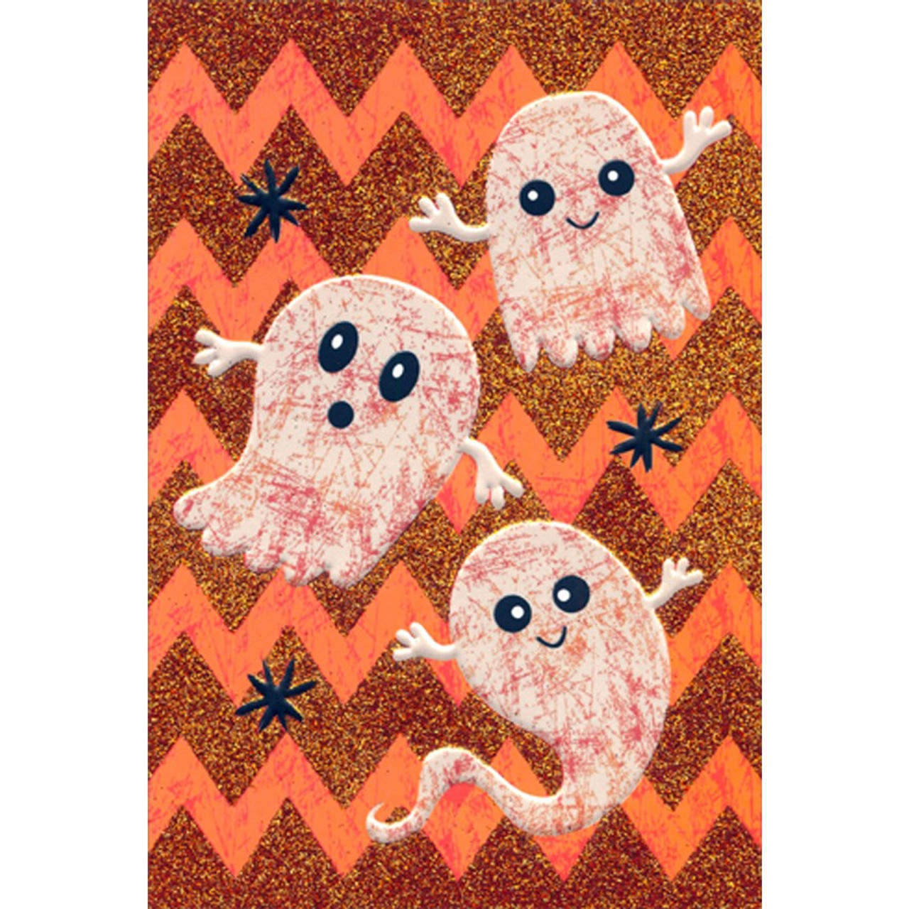 Trio Of Cute Ghosts on Sparkling Orange Zig Zag Patterns Halloween Card