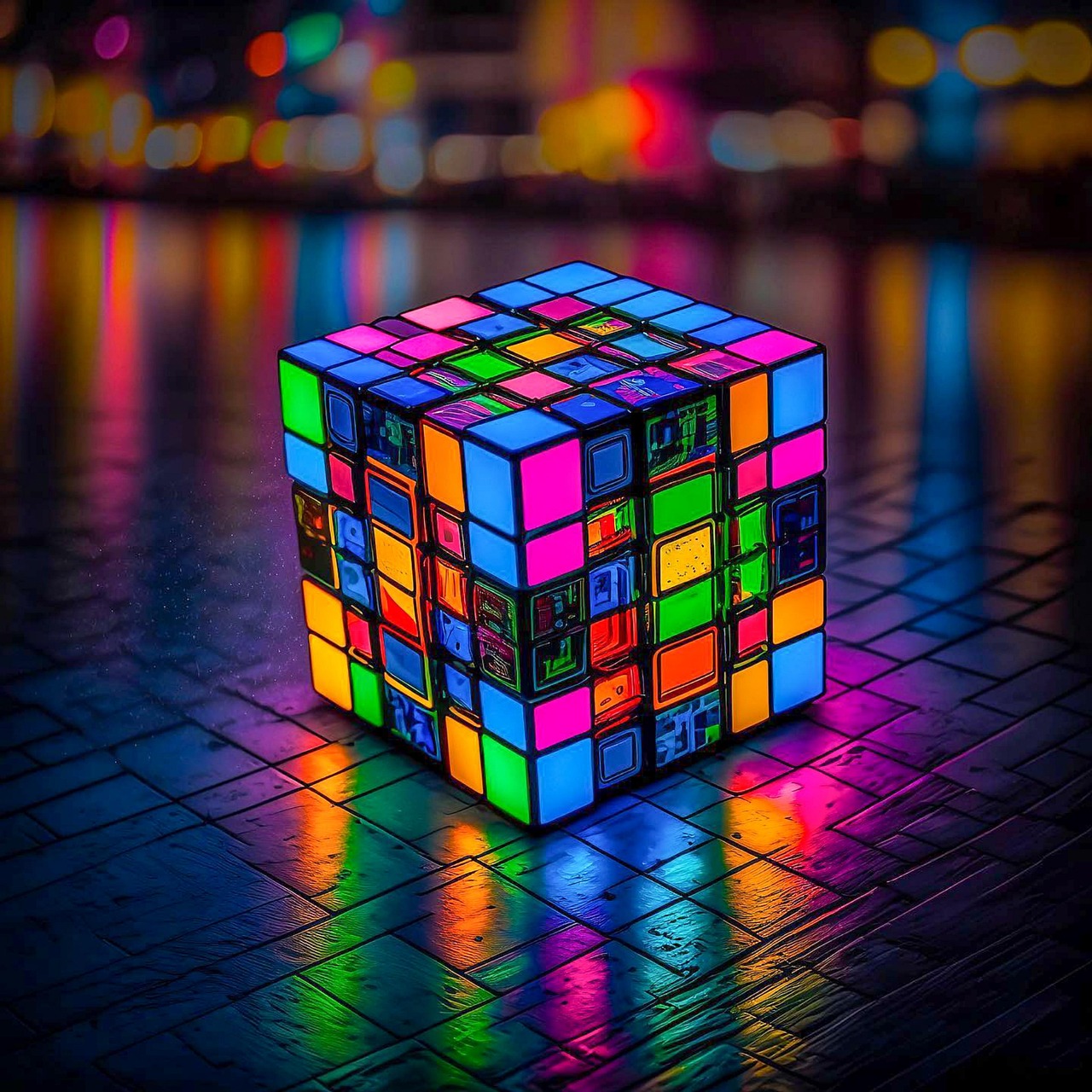 Rubik'S Cube Colorful Night Neon