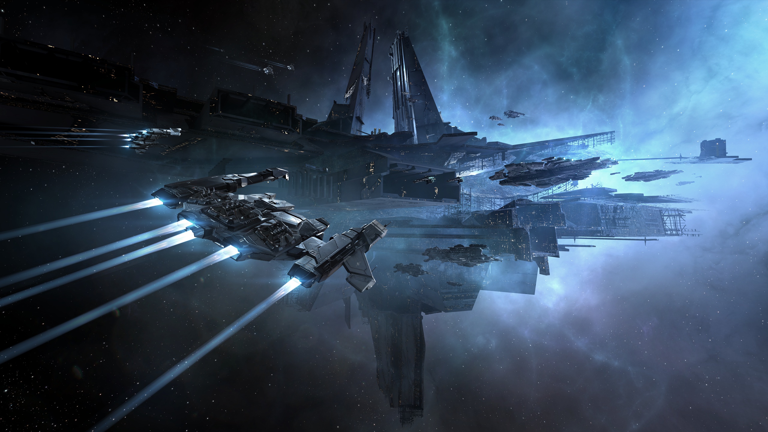 Wallpaper space, nebula, station, space, battle, spaceship, station, eve online for mobile and desktop, section игры, resolution 2560x1440