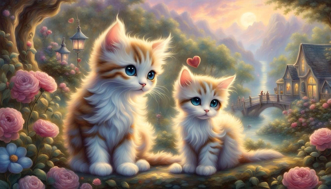 chibi cat big eyes with a magical theme, whimsical, hearts, flowers, hearts and a surreal backdrop that transports the viewer to a fantastical