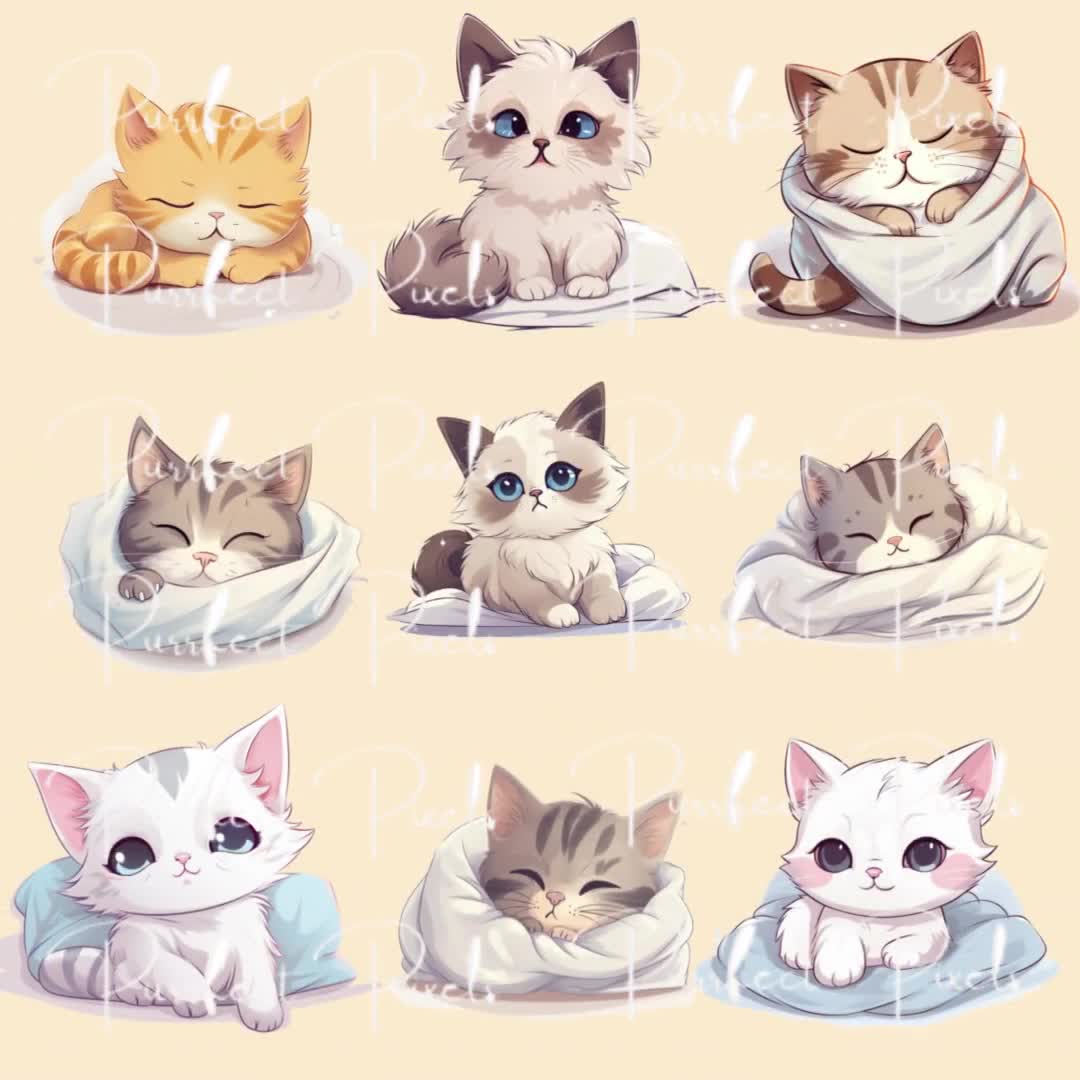 Chibi Pastel Cat PNG Set Adorable Sleepy Kitties, Featuring Ragdoll Beauties, Kawaii cats, Pastel clipart