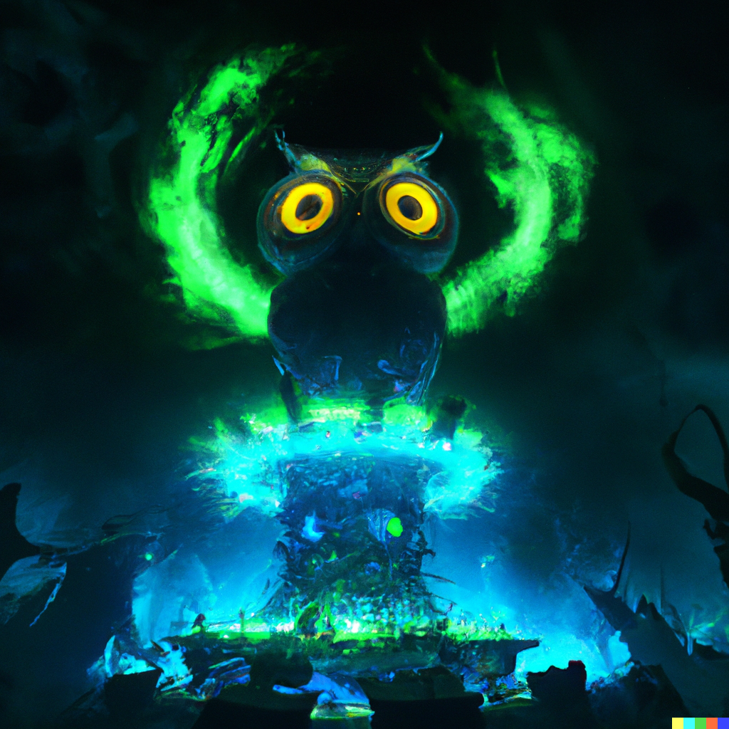 All Hail the Duolingo Owl a large green owl monstrosity, glowing with a green light, magical human souls gather and swirl around it, digital art