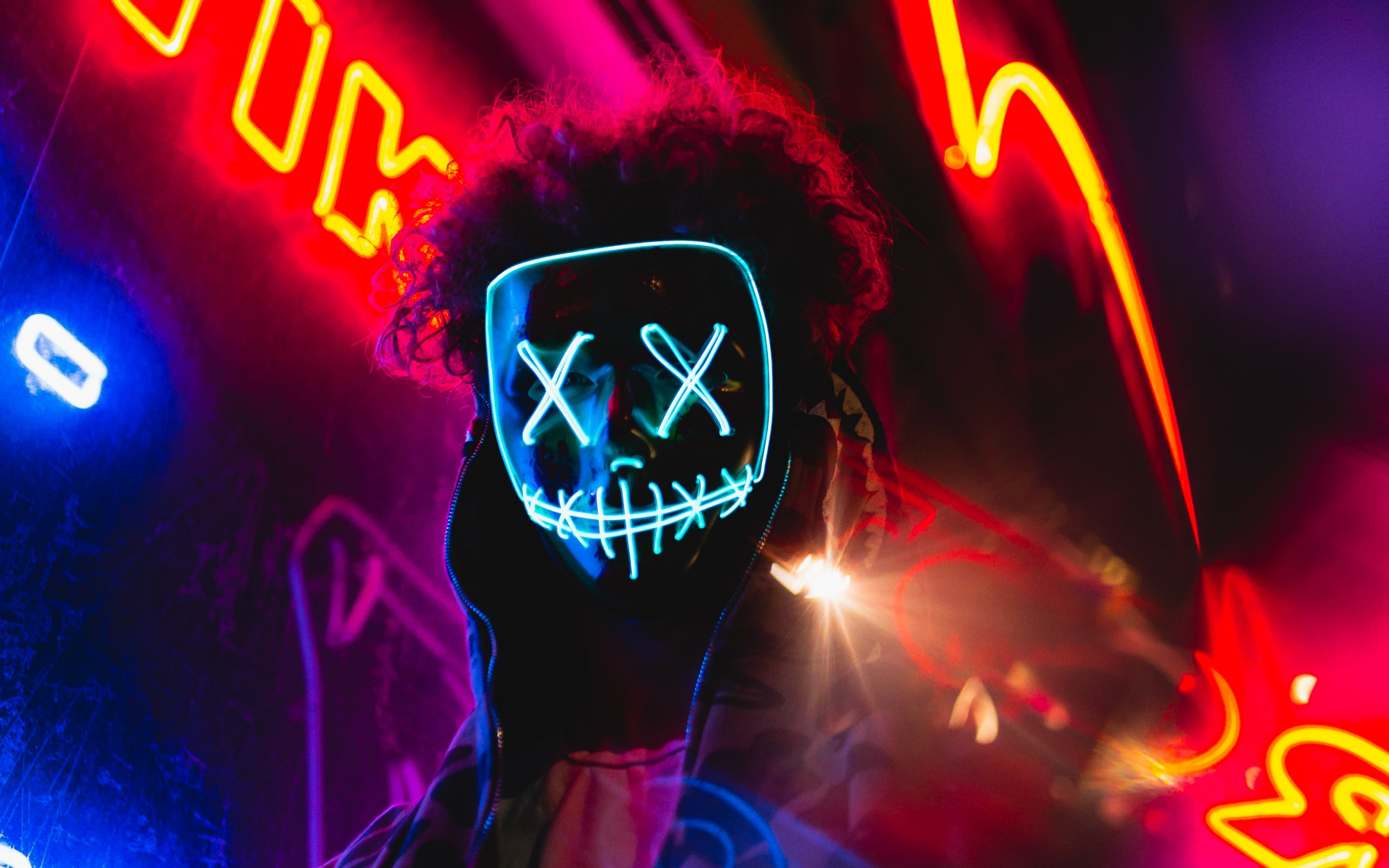 LED mask Wallpaper 4K, Neon Lights, Portrait, Colorful