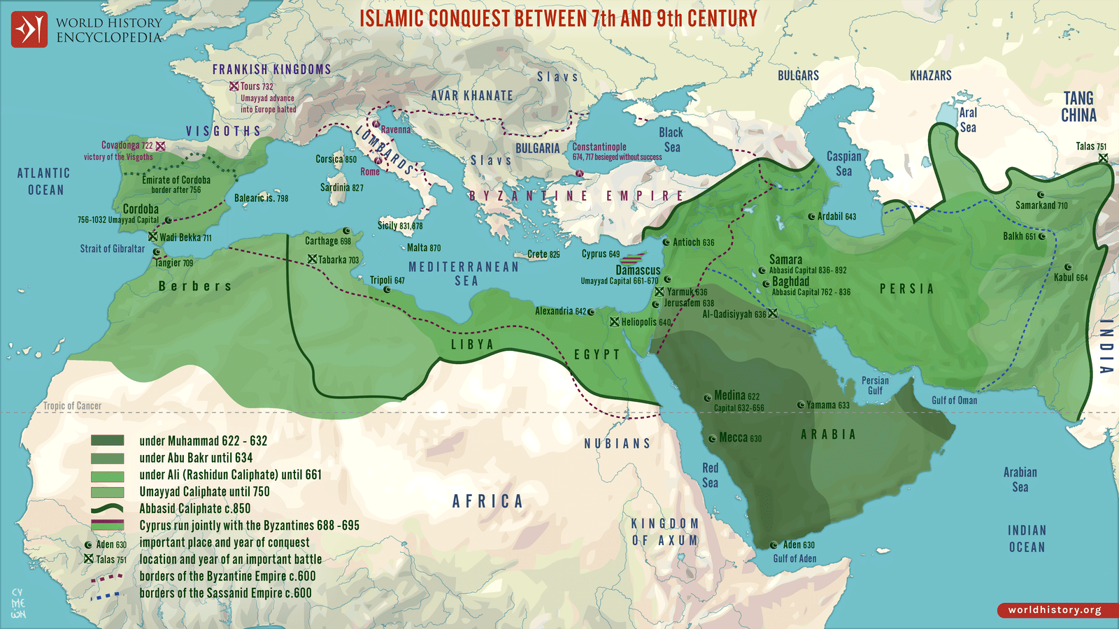 Map Of The Islamic Conquests In The 7th 9th Centuries History Encyclopedia
