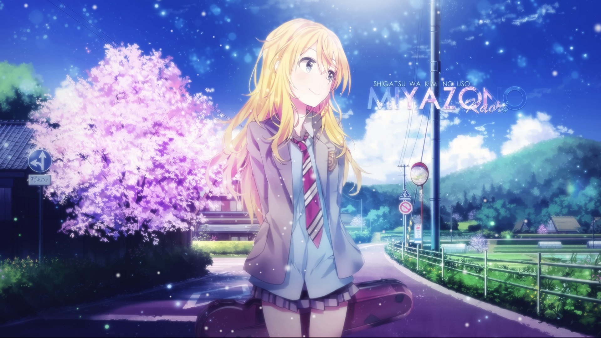 Wallpaper anime, sunny day, sakura, blue sky, cute, particles, miyazono kaori, your lie in april for mobile and desktop, section прочее, resolution 1920x1080