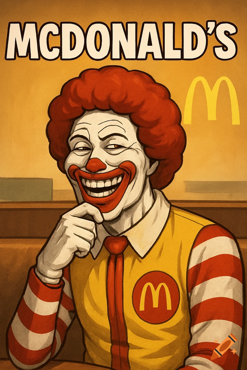 Illustration of a creepy, grinning Ronald McDonald with 'MCDONALD'S' text and logo. on Craiyon