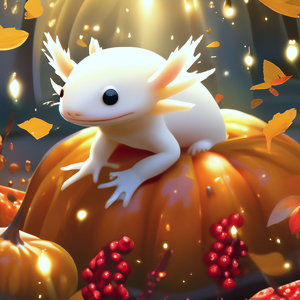 White axolotl on a huge pumpkin, golden glade of autumn maple leaves and red