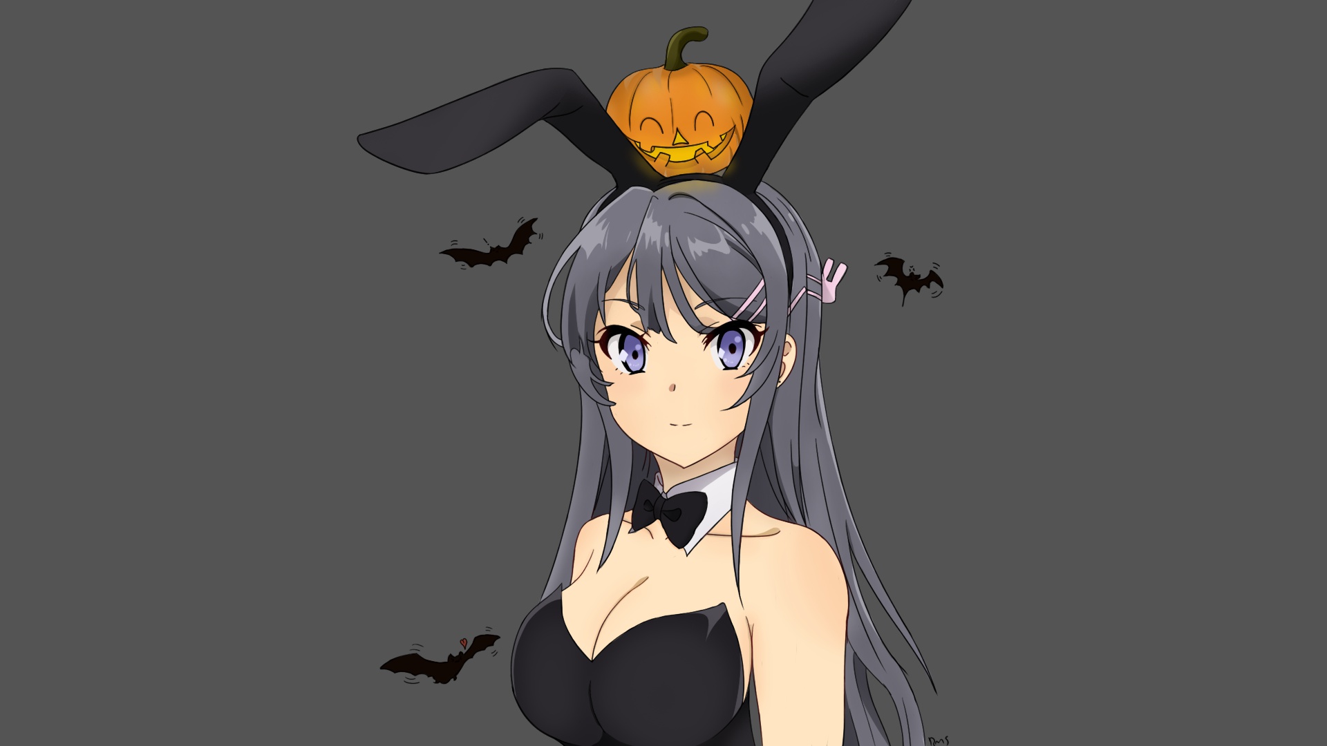 Wallpaper girl, rabbit, pumpkin, bats, Halloween, rabbit ears, Seishun Yarou wa bunny girl Senpai no Yu Thigh for mobile and desktop, section сёдзё, resolution 1920x1080