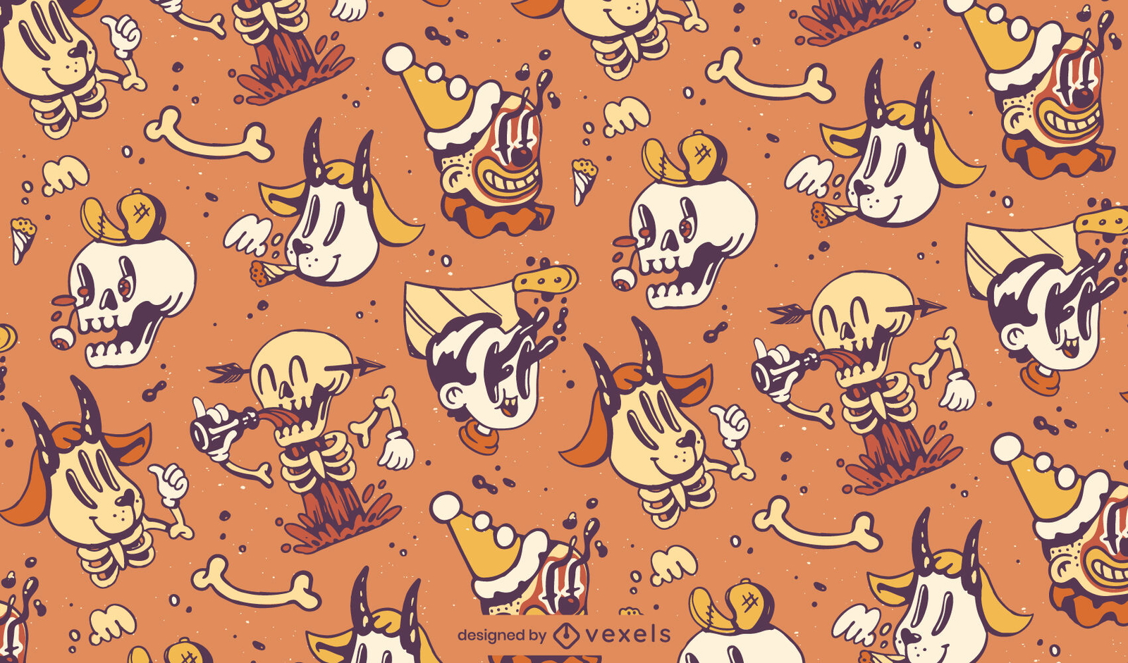 Retro Cartoon Creepy Characters Pattern Design Vector Download