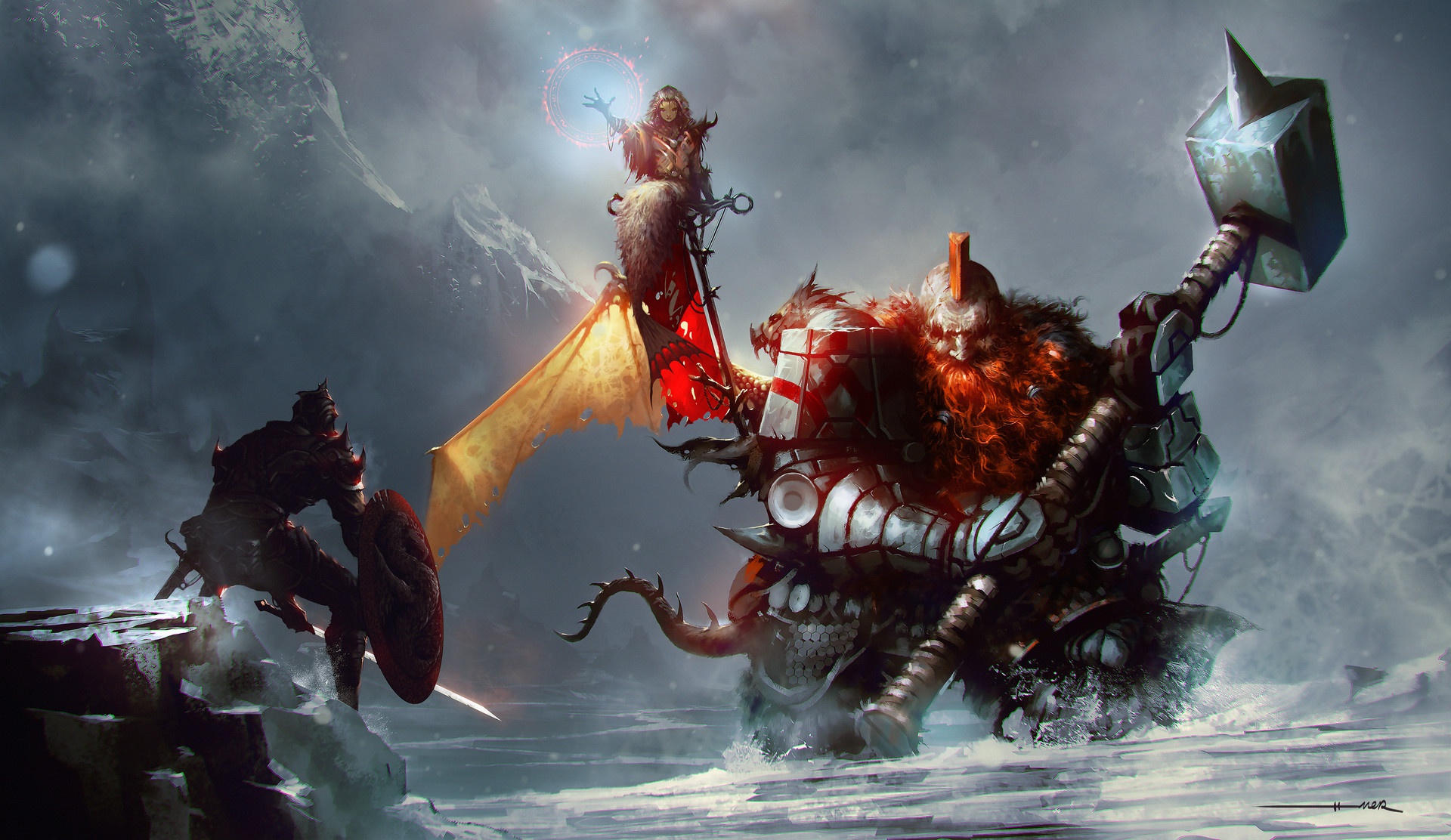 Wallpaper Winter, Warrior, Soldiers, Battle, Hammer, Fantasy, Beard, Art for mobile and desktop, section фантастика, resolution 1920x1112