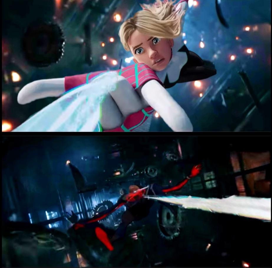 This time, Gwen isn't the one who falls (Miles' fake out death)