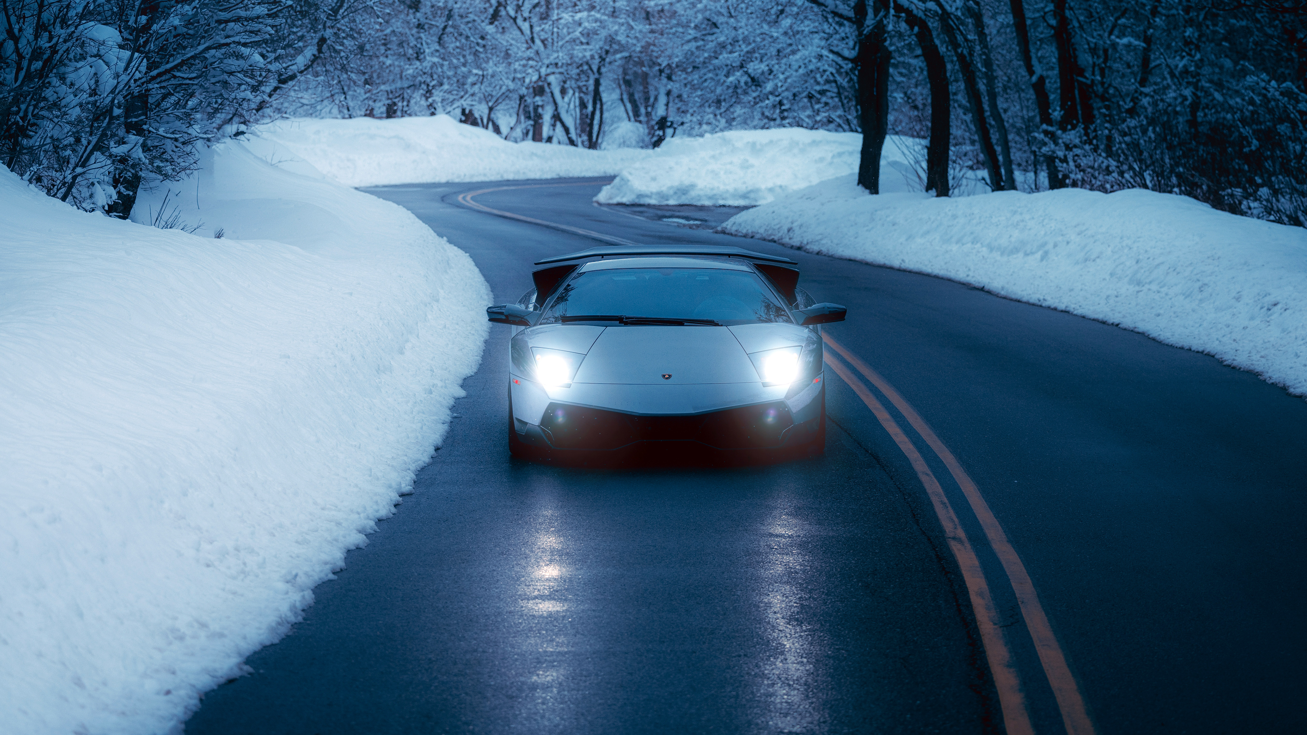 Lamborghini Murcielago Wallpaper 4K, Winter Road, Snowy road