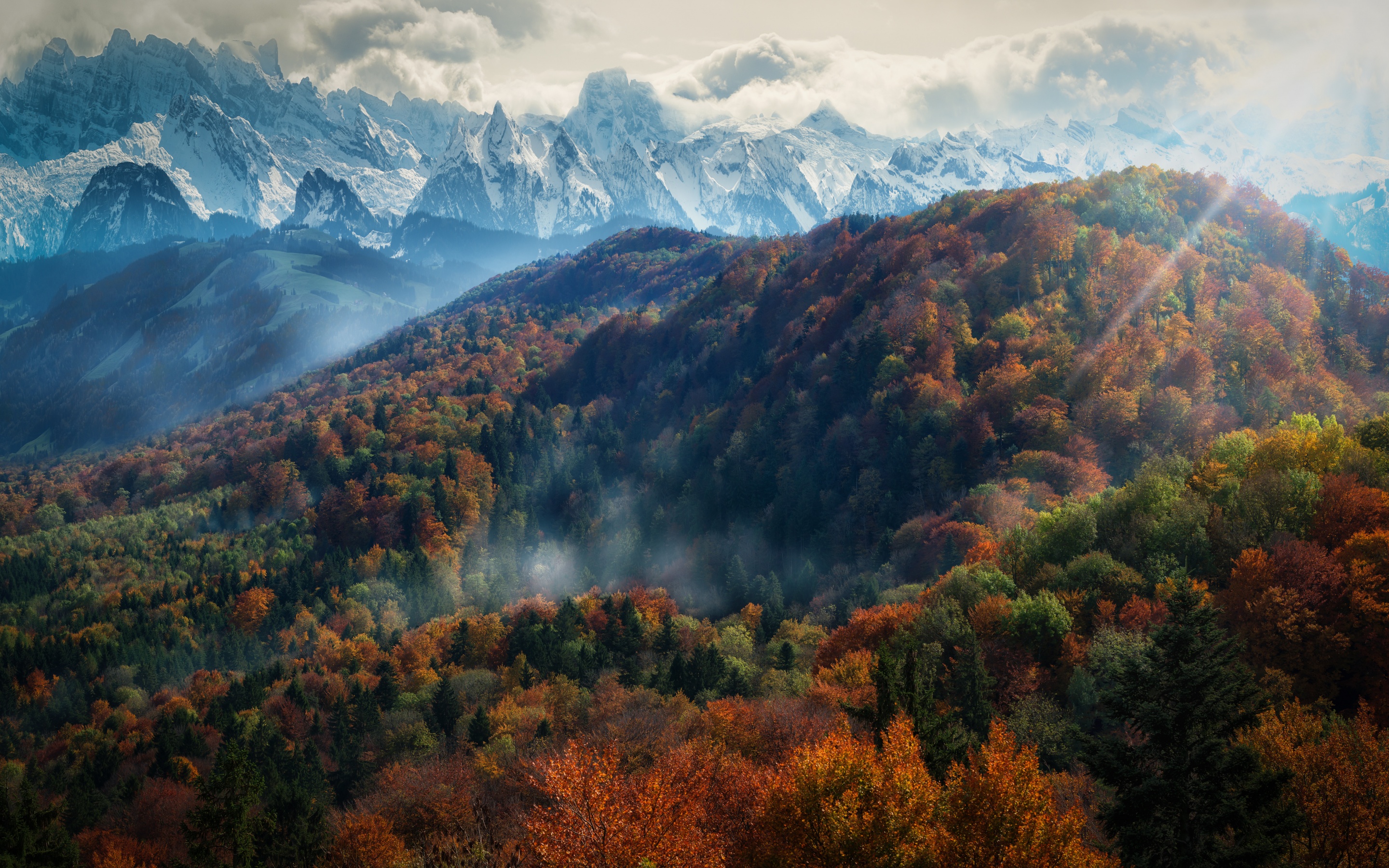 Alps mountains Wallpaper 4K, Autumn, Snow covered