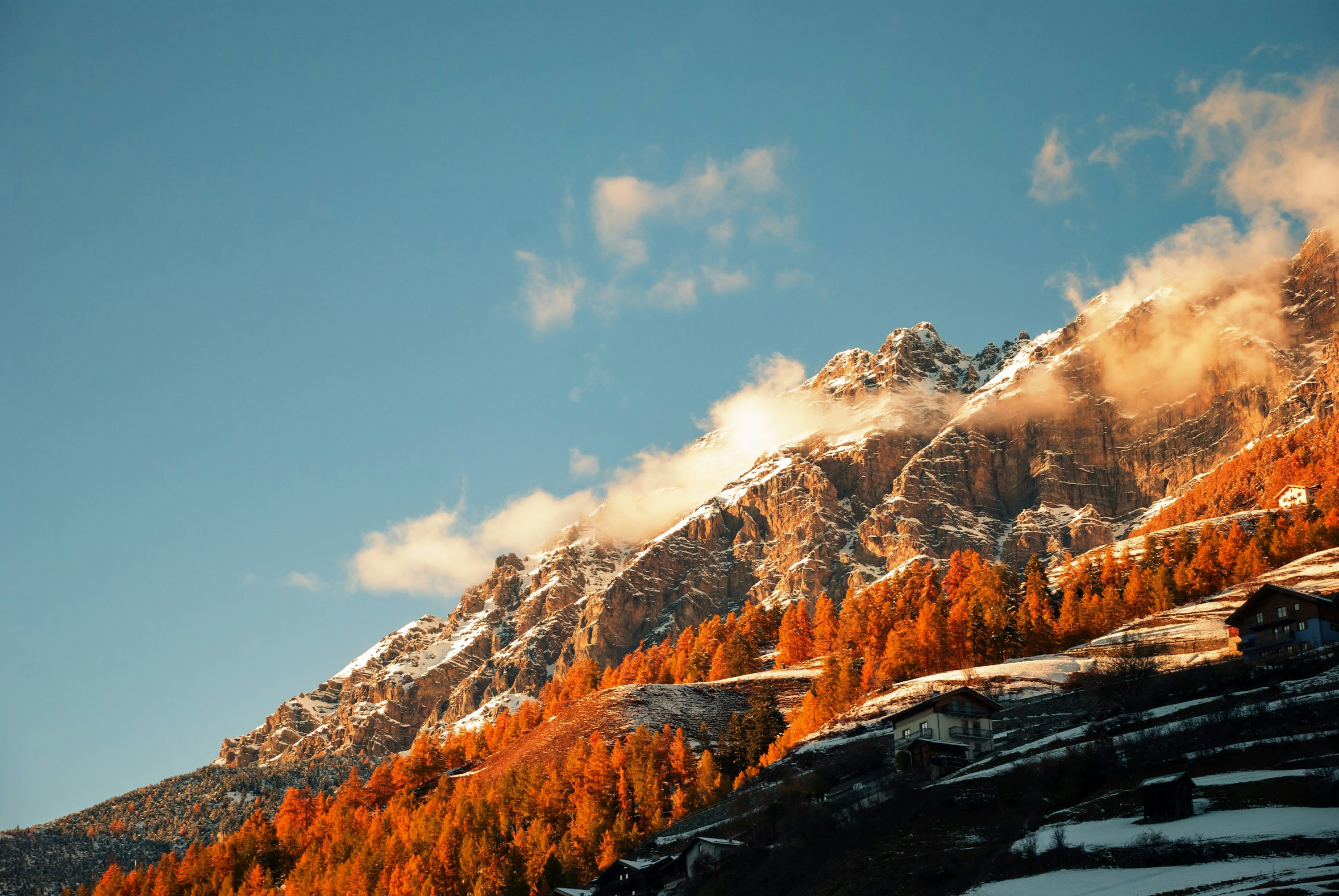 A mountain covered in snow with trees in the foreground photo