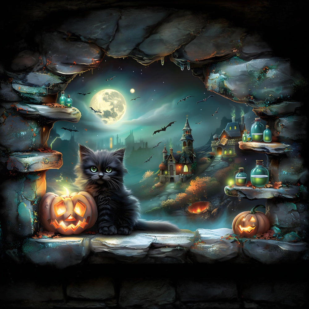 Halloween Village Black Cat Pumpkins Backdrop RR7 359