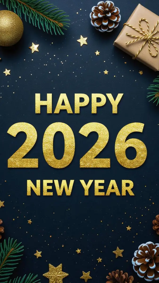 Elegant Gold Glitter 2026 New Year's Greeting with Pine Cones and Star wallpaper