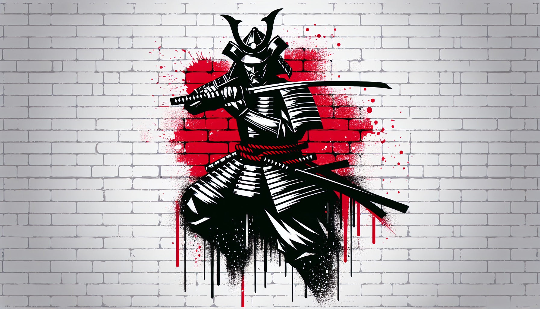 Street Art Mural Wallpaper. Red and Black Samurai Brick Wall
