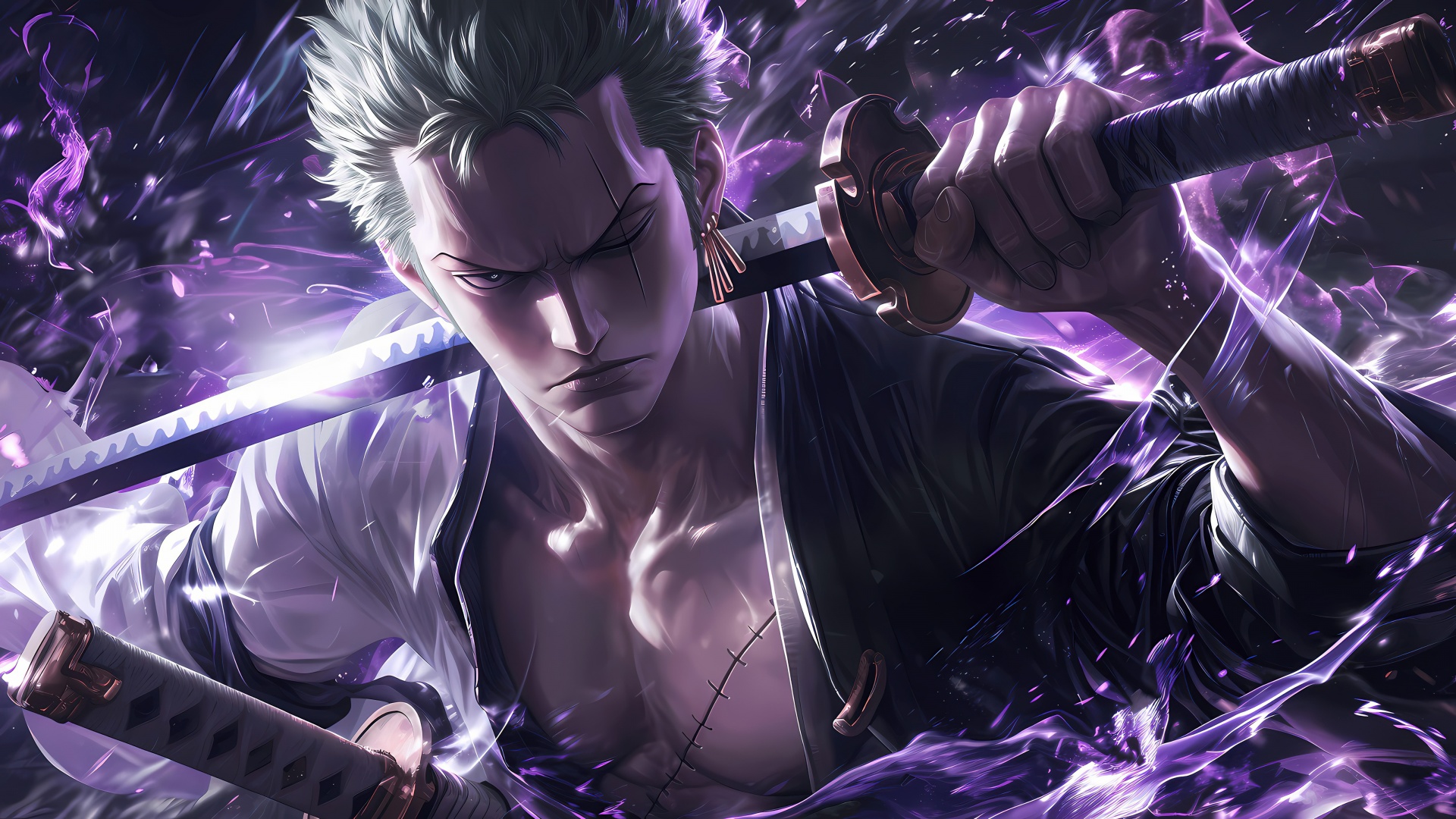 Roronoa Zoro Wallpaper 4K, Purple aesthetic, 5K, AI art