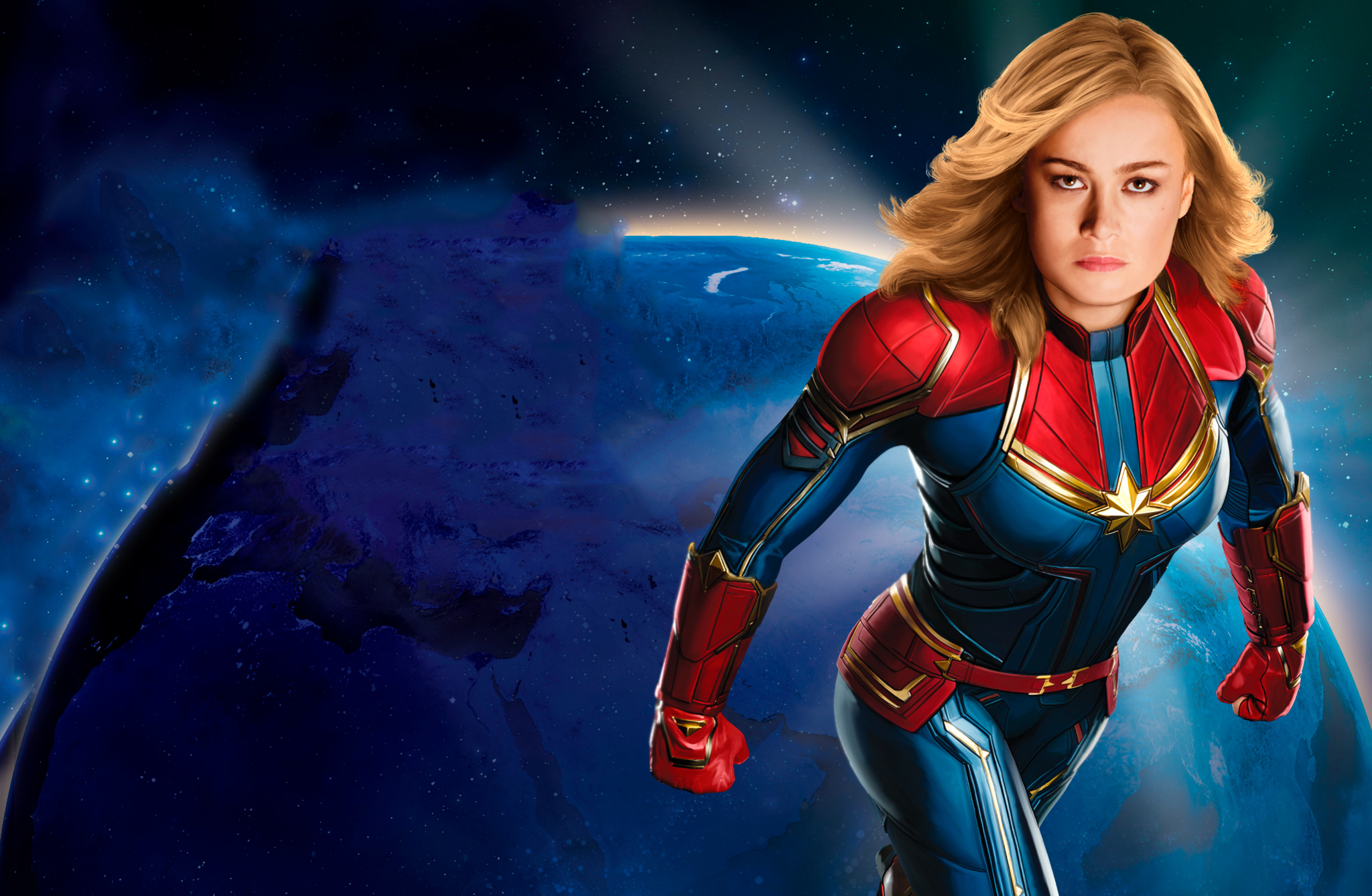 Captain Marvel HD Wallpaper Featuring Blonde Brie Larson Heroics