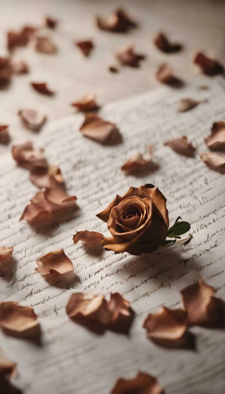 Petals of a brown rose gently falling onto an old, handwritten love letter. Wallpaper [bcb417dadb634ece8b13]