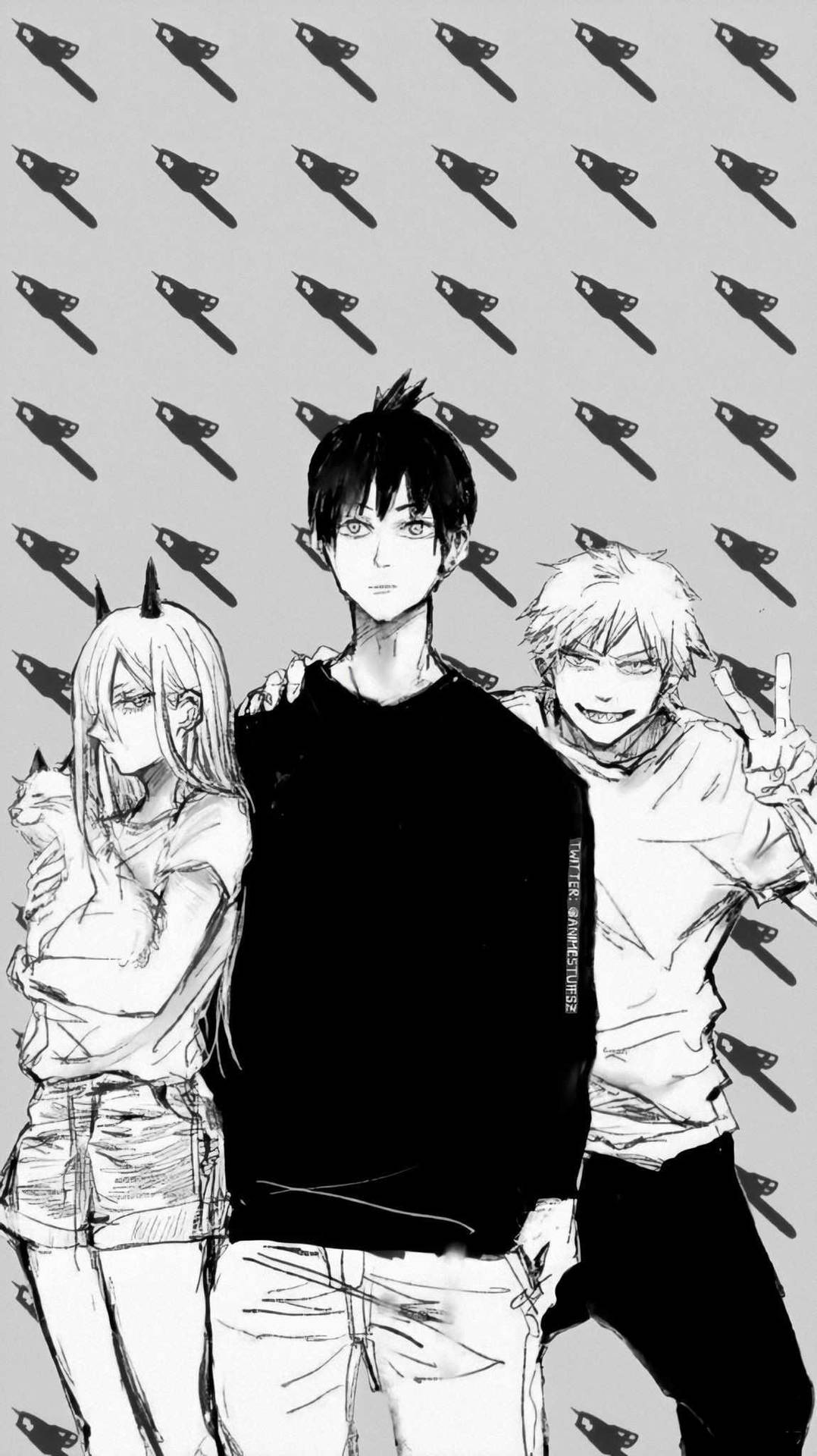 Download Anime Art Black And White Chainsaw Man Trio Phone Wallpaper