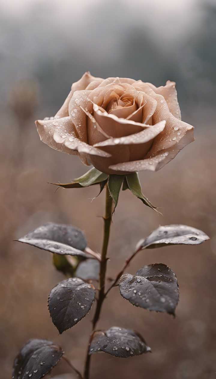 A single, pristine brown rose in full bloom against a gentle, misty morning backdrop. Wallpaper [f140b29a1ff64af3949f]